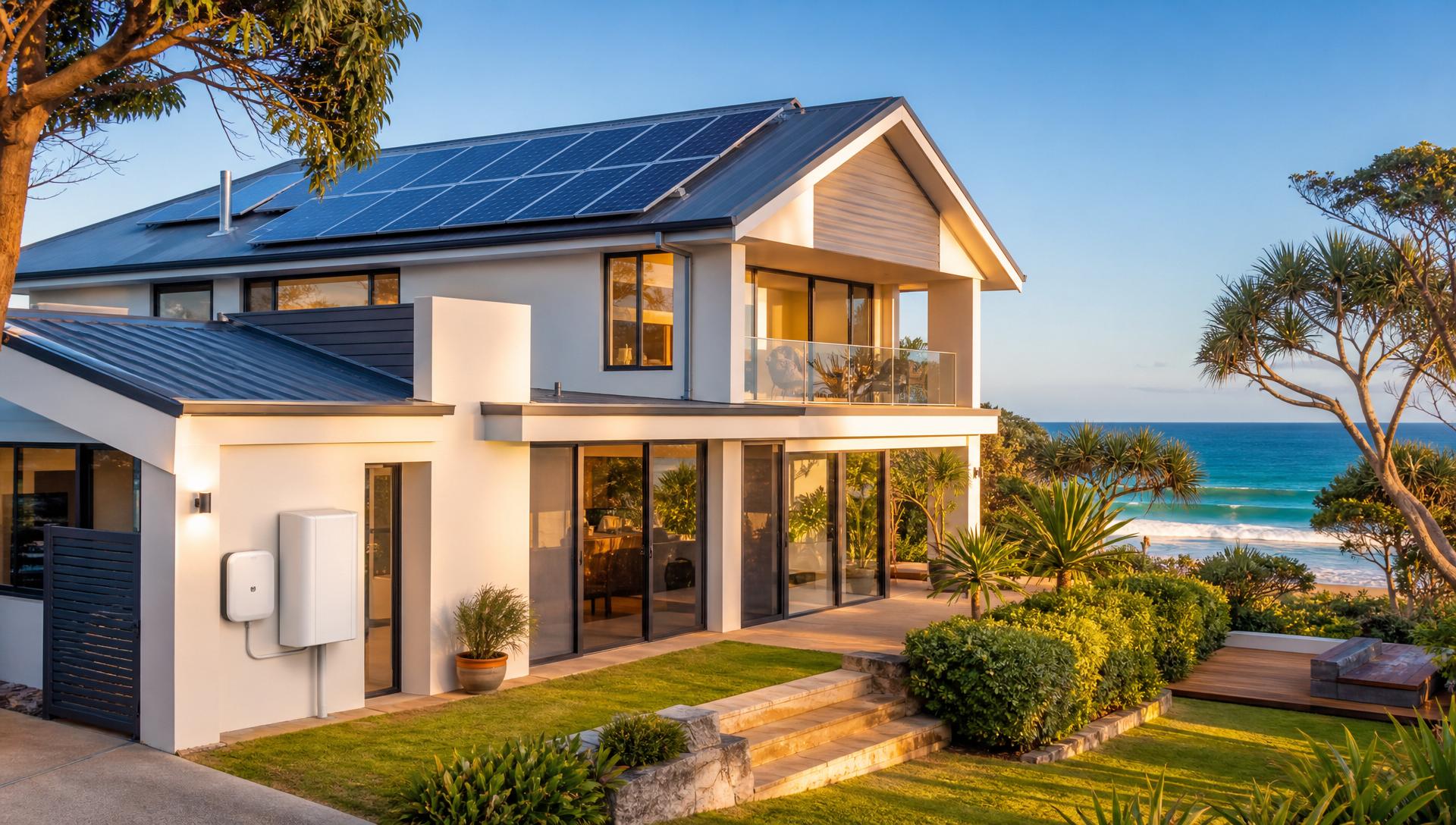 Modern Australian home with rooftop solar panels, home battery and EV in driveway